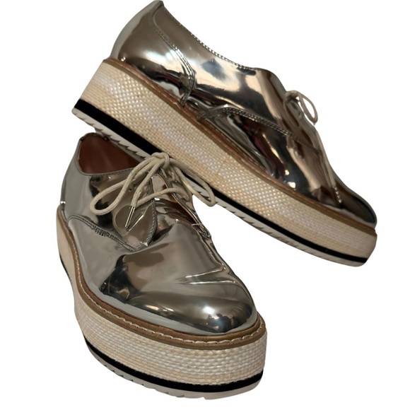 Zara Size 9 Metallic Silver Platform Oxford Brogues - Stunning Mirror Finish - Picture 4 of 11
